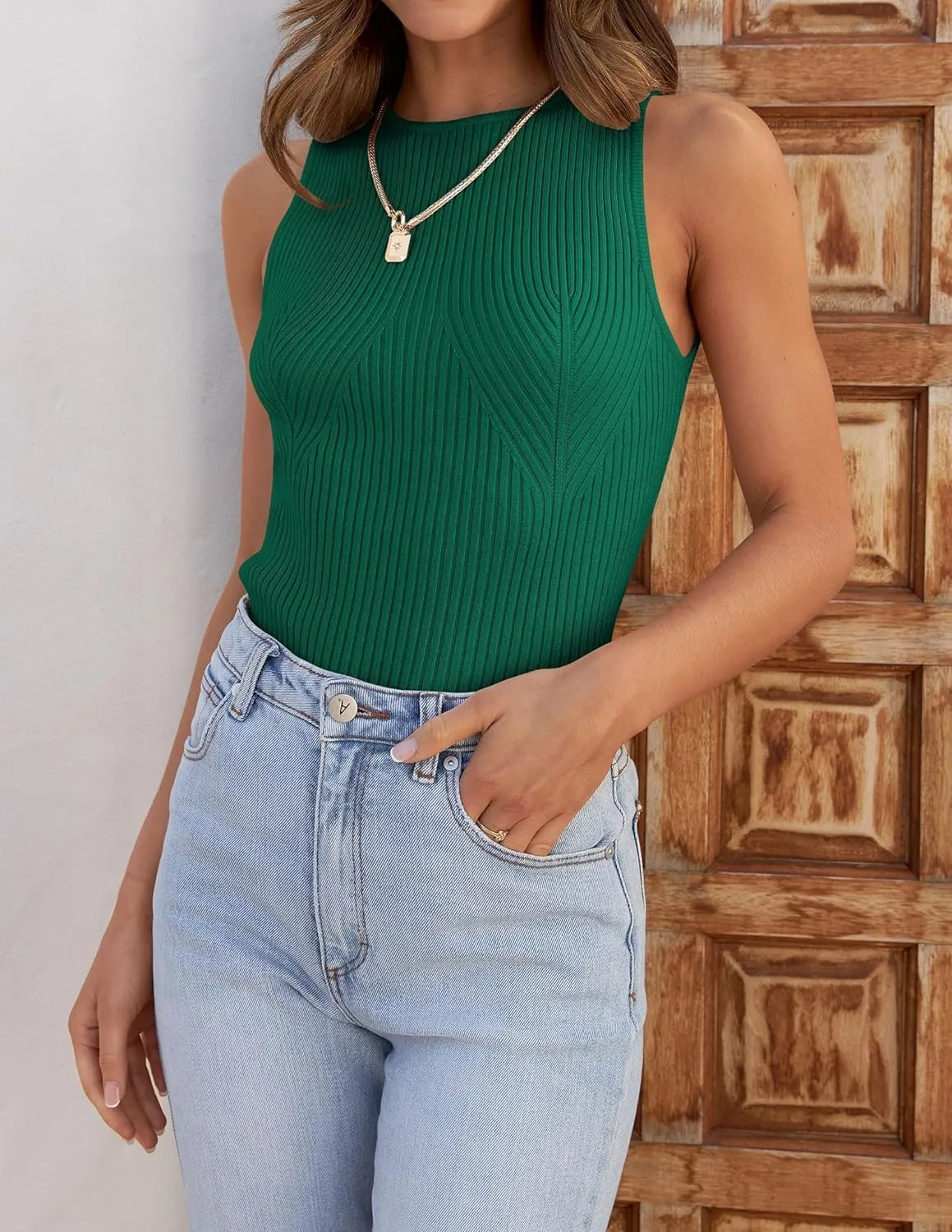 ZESICA Womens 2025 Ribbed Tank Tops Summer Sleeveless High Neck Casual Slim Fitted Basic Knit Shirts