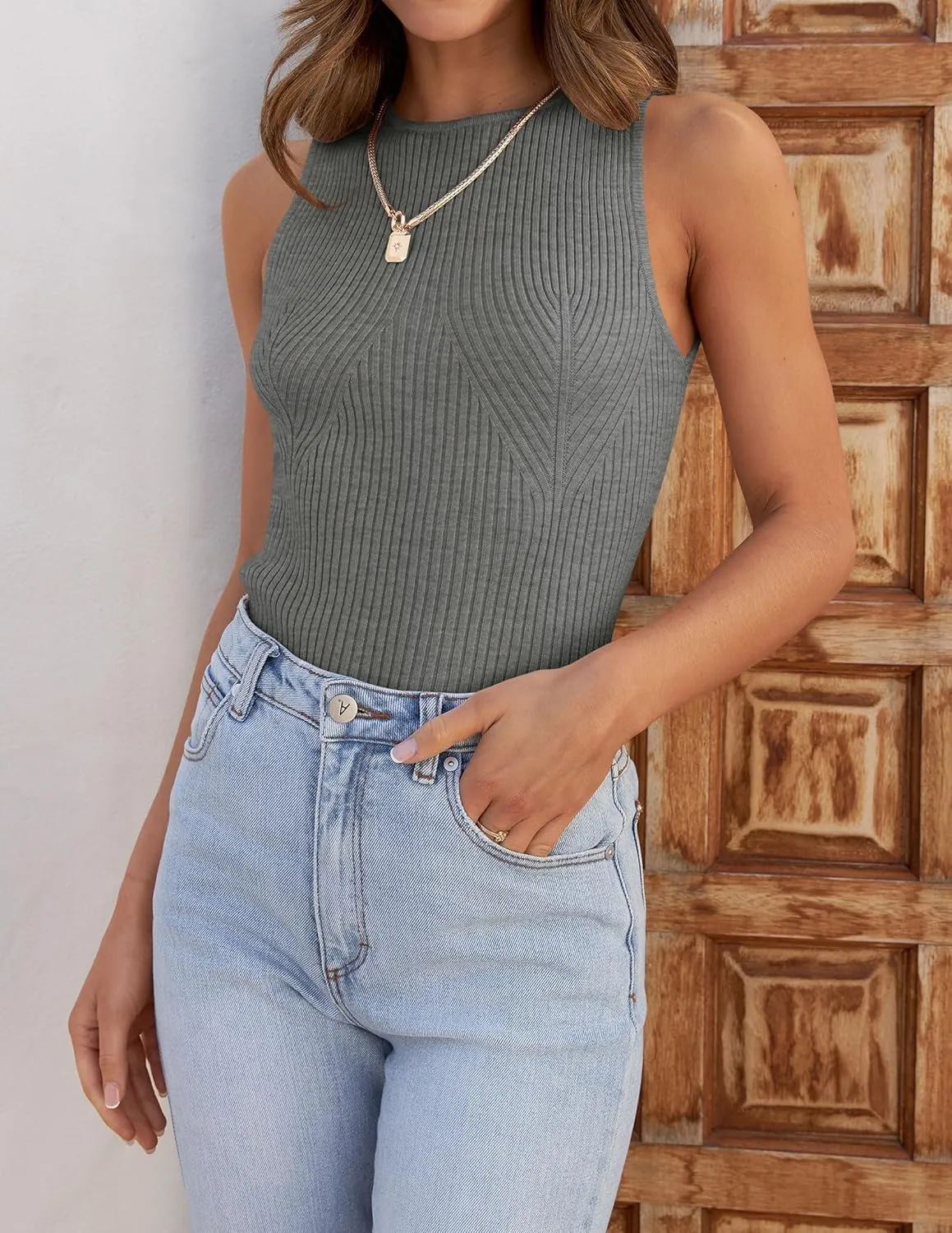 ZESICA Womens 2025 Ribbed Tank Tops Summer Sleeveless High Neck Casual Slim Fitted Basic Knit Shirts