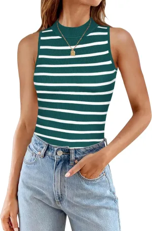 ZESICA Womens Ribbed Tank Tops High Neck Slim Fitted Striped Basic Casual Summer Sleeveless Shirts