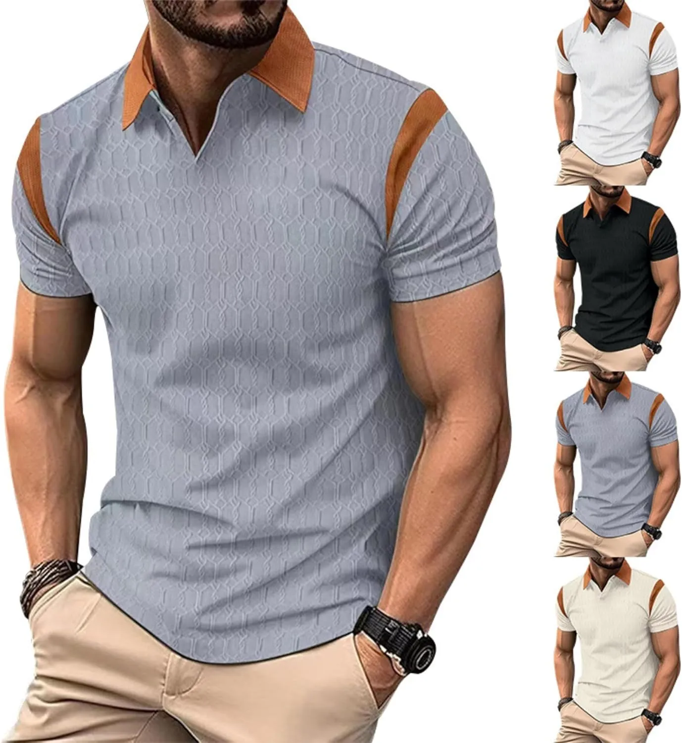 ZOCAVIA Men's Summer Shirts Casual Collared V Neck Short Sleeve Polo Shirts Fashion Solid Color Slim Fit Tops Daily