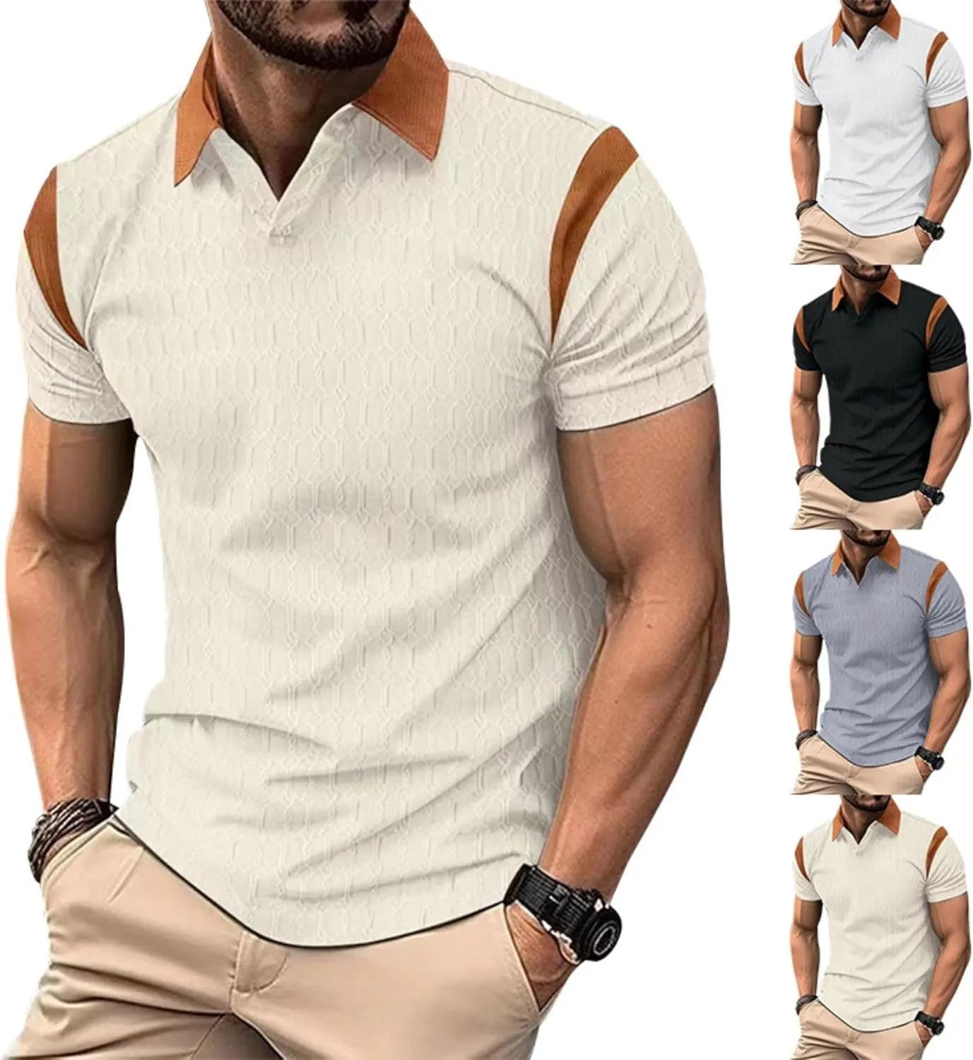 ZOCAVIA Men's Summer Shirts Casual Collared V Neck Short Sleeve Polo Shirts Fashion Solid Color Slim Fit Tops Daily