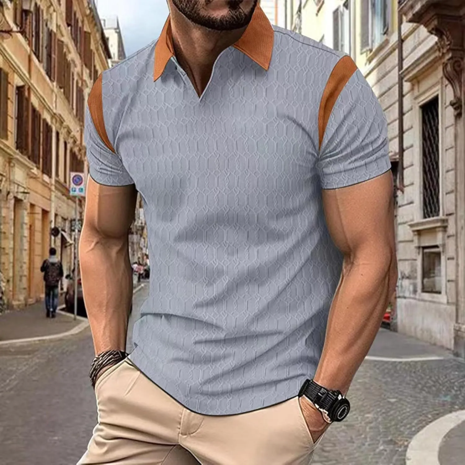 ZOCAVIA Men's Summer Shirts Casual Collared V Neck Short Sleeve Polo Shirts Fashion Solid Color Slim Fit Tops Daily
