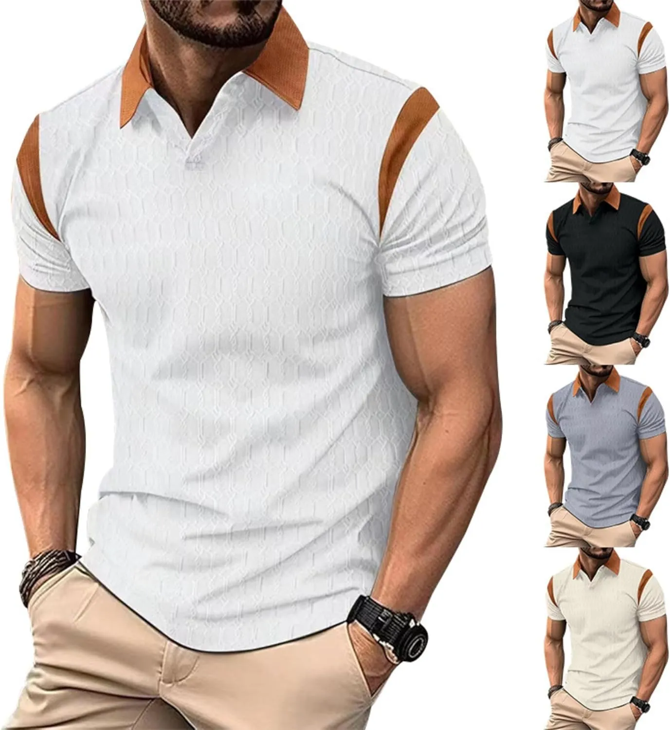 ZOCAVIA Men's Summer Shirts Casual Collared V Neck Short Sleeve Polo Shirts Fashion Solid Color Slim Fit Tops Daily