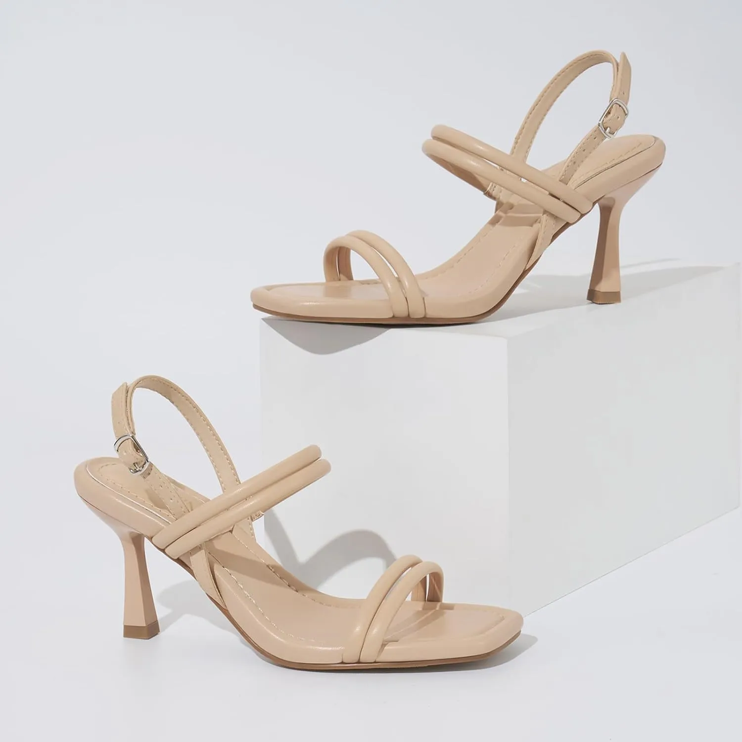 ZURIN Womens Strappy Sandals Kitten Heels Square Open Toe Heeled Sandals Ankle Strap Slingback High Heels Dress Party Evening Prom wedding Shoes