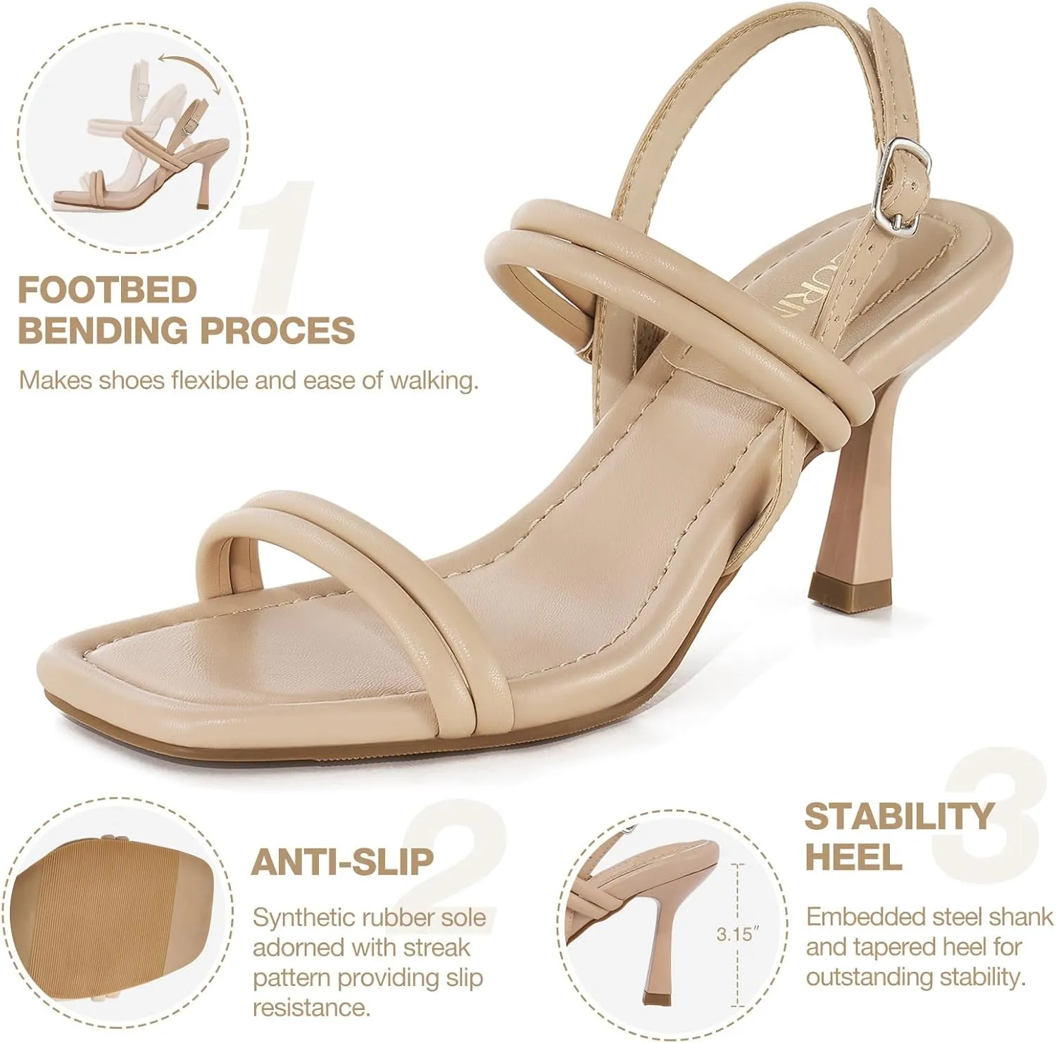 ZURIN Womens Strappy Sandals Kitten Heels Square Open Toe Heeled Sandals Ankle Strap Slingback High Heels Dress Party Evening Prom wedding Shoes